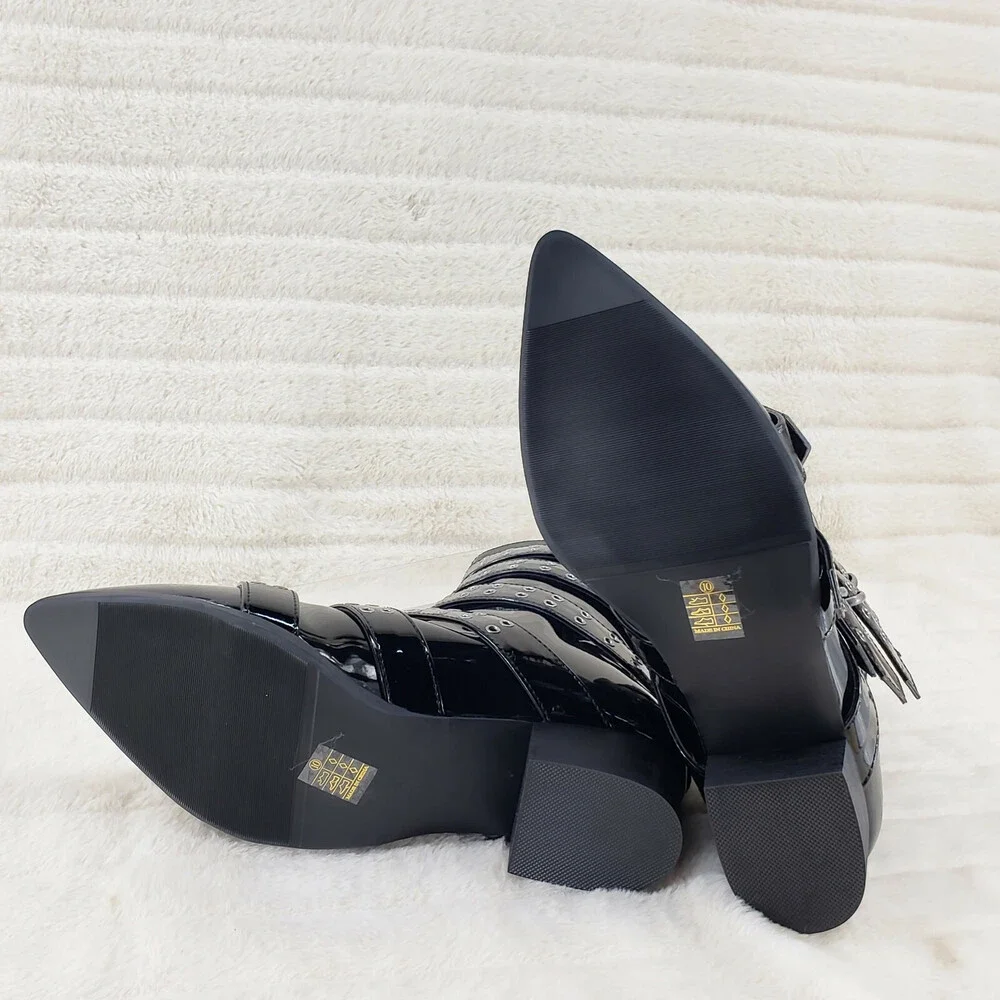 NIB DEMONIA Wicked Warlock 70 Multi Strap Winklepicker Ankle Boots Men's Patent